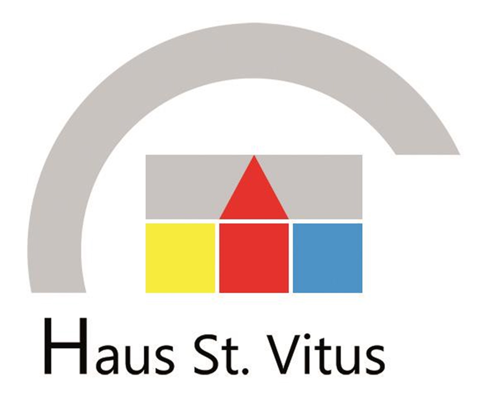 Das Logo zeigt die schematische Darstellung eines Hauses in hellgrau mit drei farbigen Blöcken in gelb, rot und blau. Darunter ist der Schriftzug "Haus St. Vitus"