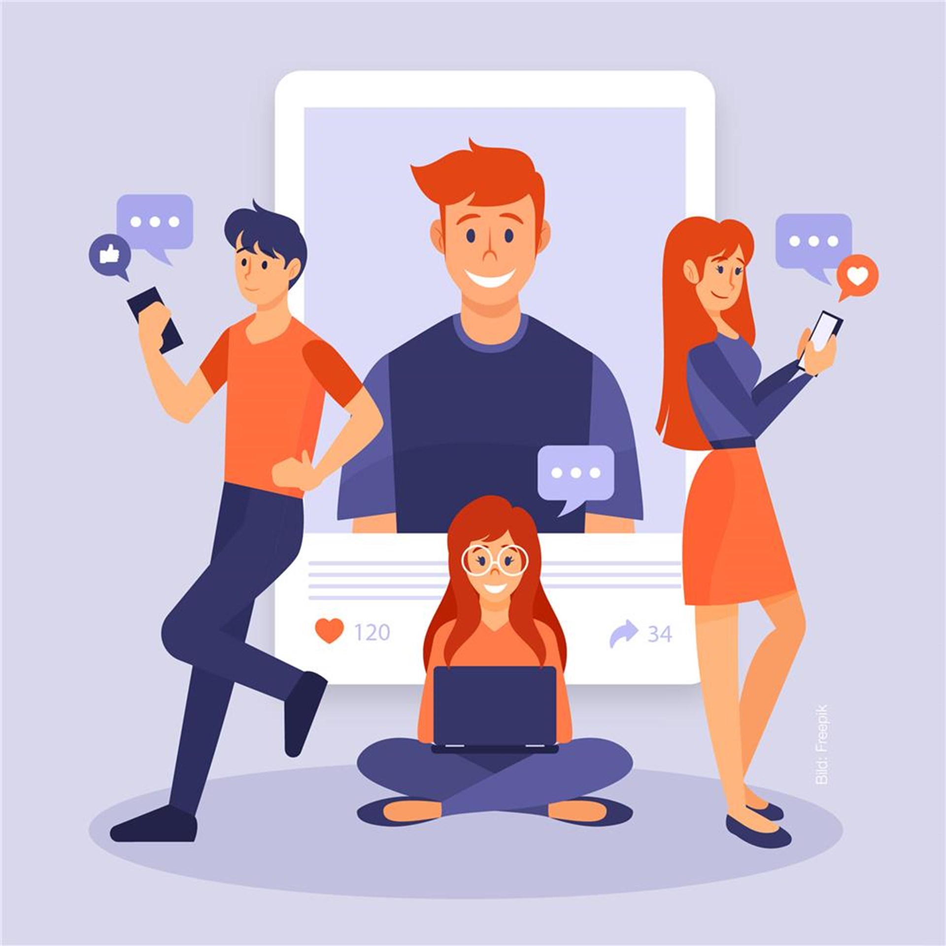 Die Graphik zeigt zwei männliche und zwei weibliche Personen, die Social Media Nutzer symbolisieren sollen. Sie halten Smartphones in der Hand oder arbeiten am Laptop. 