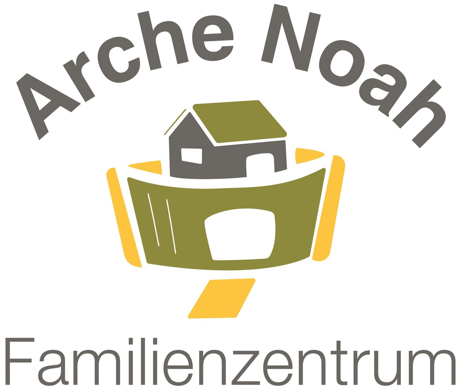 Das Logo zeigt den Grundriss einer Arche in Grün-Gelb-Tönen. 
Darüber steht ARCHE NOAH 