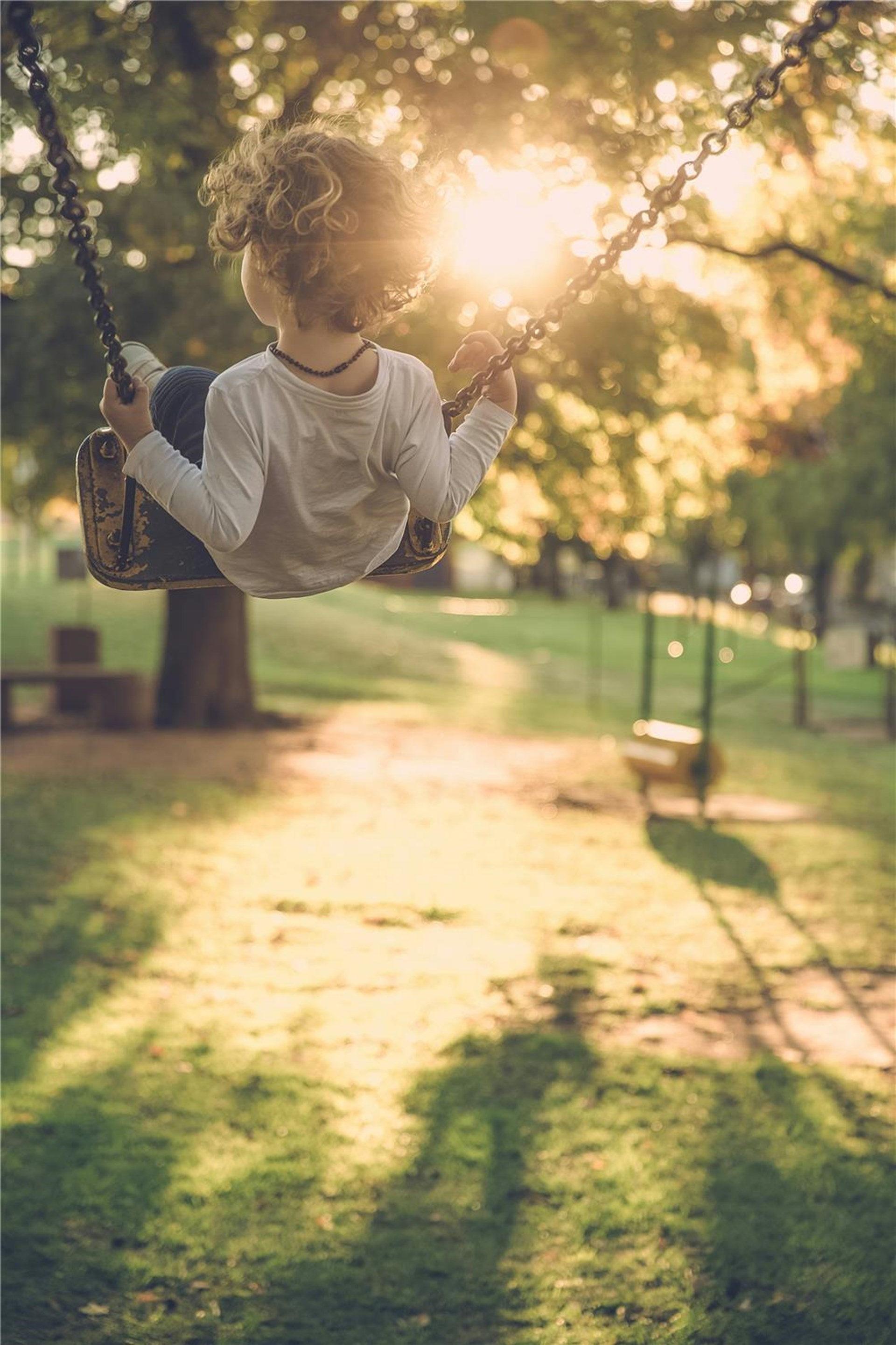 Ein Junge sitzt auf einer Schaukel. 
Das Bild zeigt ihn von hinten. Sonne scheint durch Bäume. 